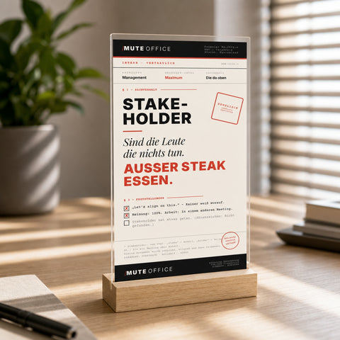 MUTE OFFICE — Hero — STAKEHOLDER · DIE MIT MEINUNG OHNE ARBEIT — Acryl-Aufsteller