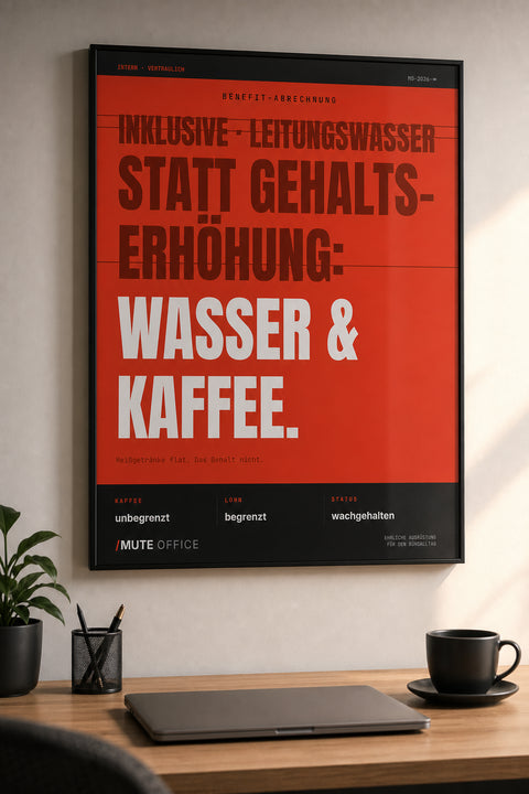 MUTE OFFICE — Homeoffice-Szene — Wasser & Kaffee statt Gehaltserhöhung – Büro-Poster mit Rahmen