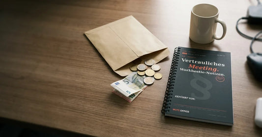 MUTE OFFICE – Sammel-Umschlag mit Münzen und Geldscheinen neben einem Notizbuch auf einem Büro-Schreibtisch