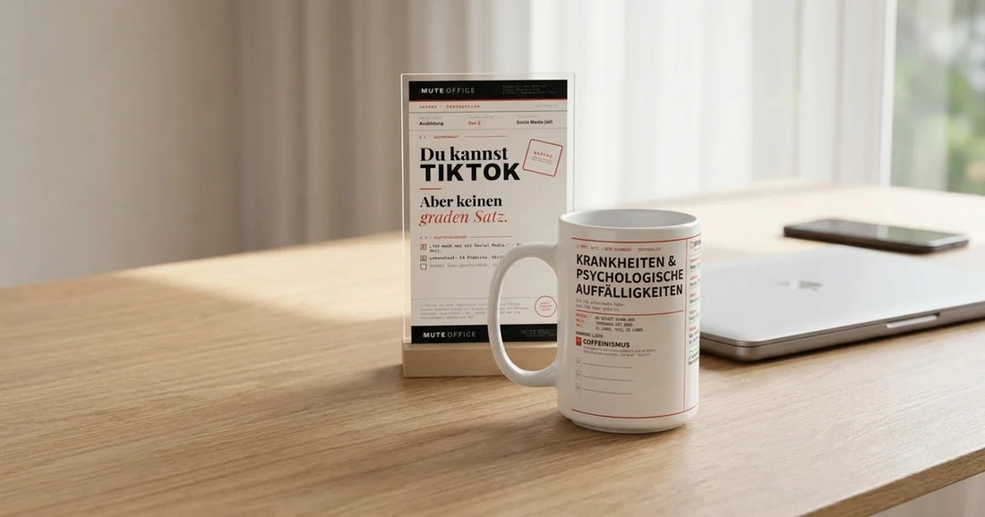MUTE OFFICE – Set zur bestandenen Ausbildung: Coffeinismus-Tasse und Acryl-Aufsteller „Du kannst TikTok, keinen graden Satz“ auf einem Schreibtisch