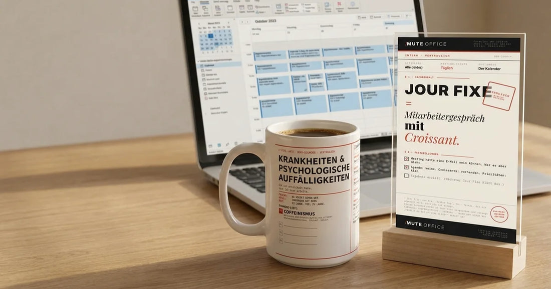 MUTE OFFICE – Beförderungs-Set: Coffeinismus-Tasse und Acryl-Aufsteller „Jour Fixe = Mitarbeitergespräch mit Croissant“ auf dem Schreibtisch einer frisch beförderten Person