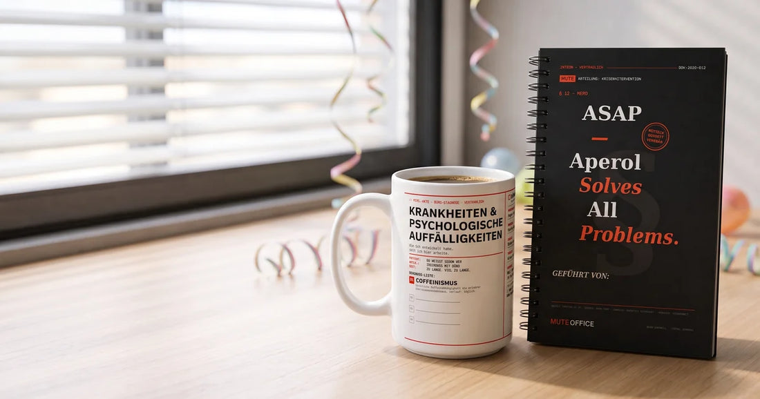 MUTE OFFICE – Coffeinismus-Tasse und „Aperol Solves All Problems“-Notizbuch als Geburtstagsgeschenk mit Luftschlangen auf einem Schreibtisch