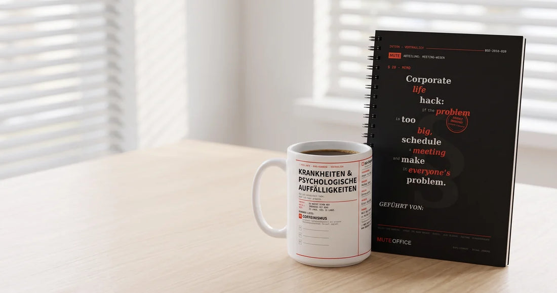 MUTE OFFICE – Coffeinismus-Tasse und Notizbuch „Schedule a meeting“ als Geschenk für den Chef auf einem Schreibtisch