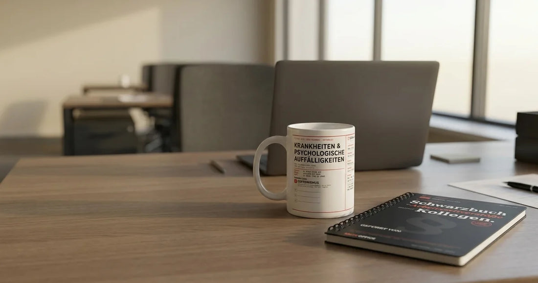MUTE OFFICE – Coffeinismus-Tasse und „Schwarzbuch der Arbeitszeitverstöße“-Notizbuch auf dem Schreibtisch eines innerlich gekündigten Kollegen im Großraumbüro