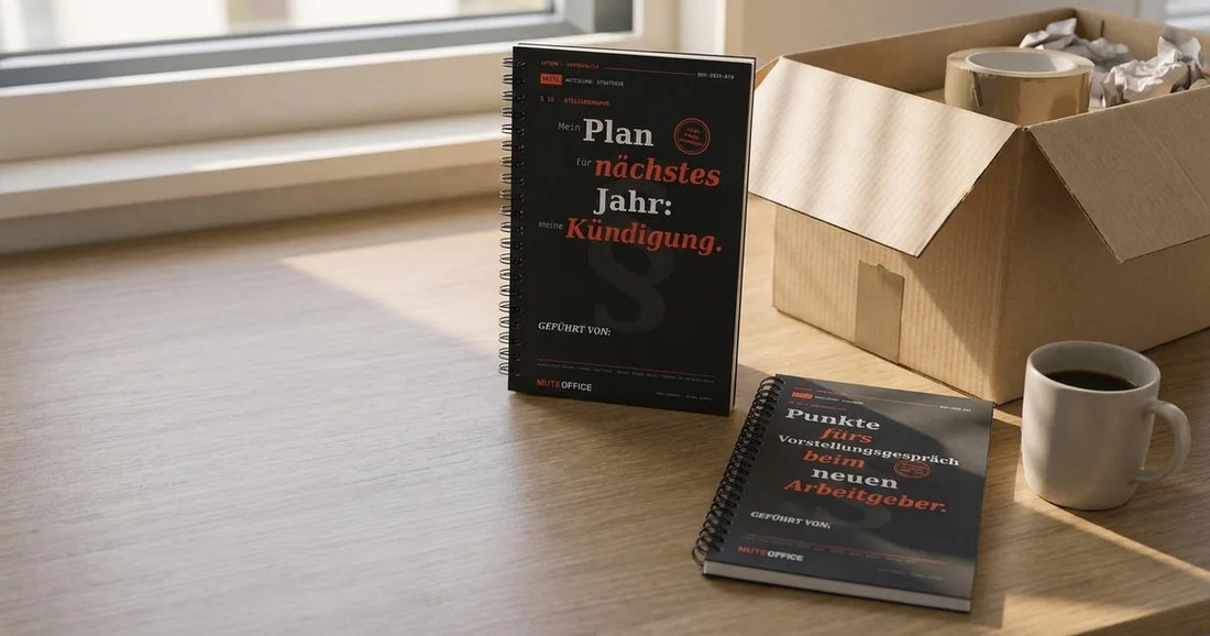 MUTE OFFICE – Zwei Spiral-Notizbücher zum Jobwechsel: „Mein Plan: meine Kündigung“ und „Punkte fürs Vorstellungsgespräch“ auf einem Schreibtisch am letzten Arbeitstag