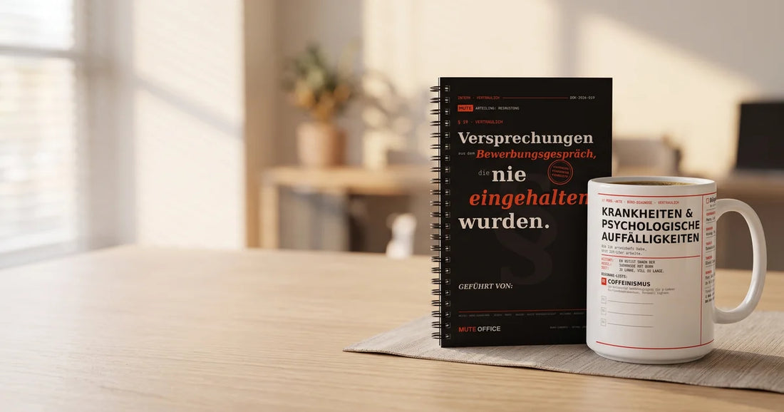 MUTE OFFICE – Coffeinismus-Tasse und Versprechungen-Notizbuch als Kollegengeschenk auf einem Büro-Schreibtisch