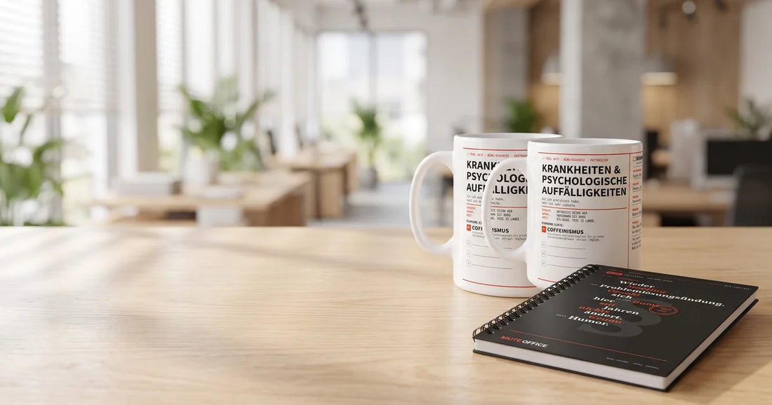 MUTE OFFICE – Zwei Coffeinismus-Tassen und Meeting-Notizbuch als Mitarbeitergeschenke im Großraumbüro