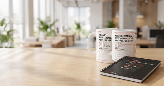 MUTE OFFICE – Zwei Coffeinismus-Tassen und Meeting-Notizbuch als Mitarbeitergeschenke im Großraumbüro
