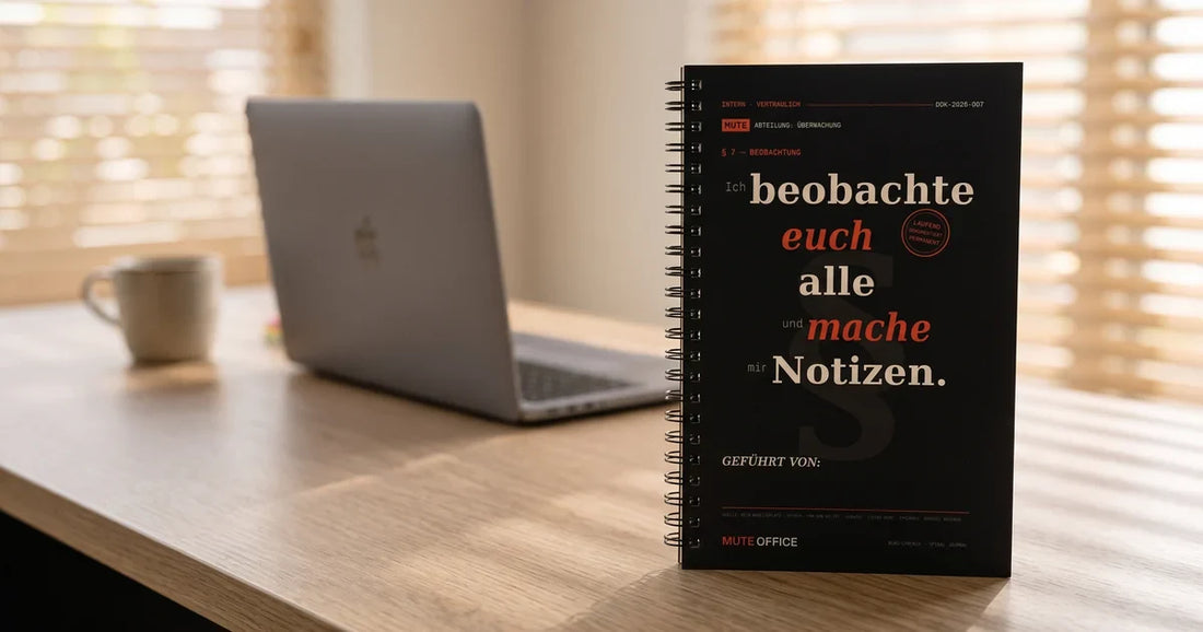 MUTE OFFICE – Notizbuch „Ich beobachte euch alle und mache mir Notizen“ als passiv-aggressives Geschenk auf einem Schreibtisch