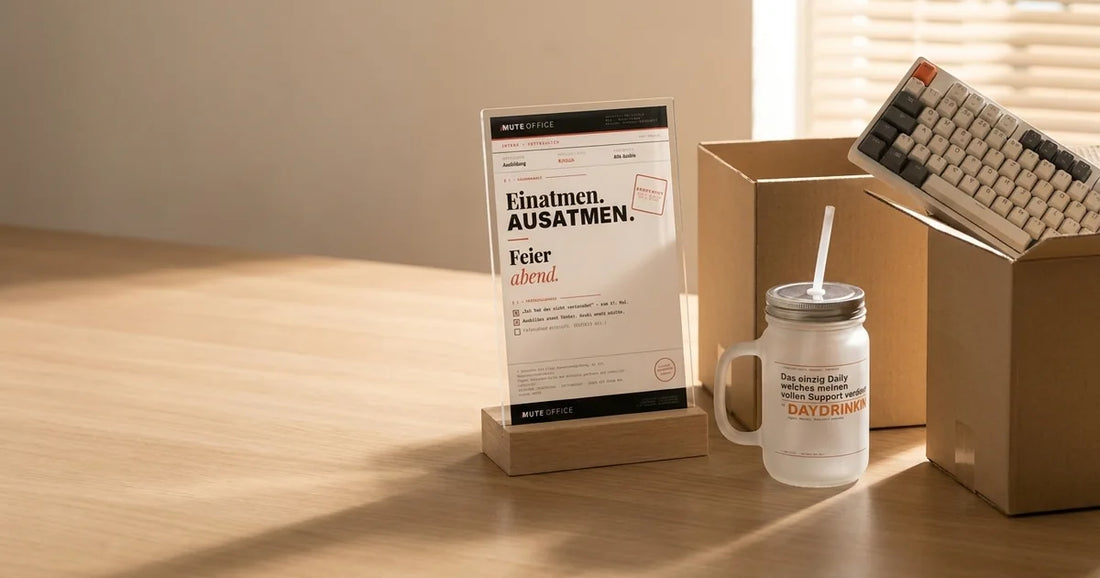 MUTE OFFICE – Ruhestandsgeschenk-Set: Acryl-Aufsteller „Einatmen · Ausatmen · Feierabend“ und Daydrinking-Glas auf einem geräumten Schreibtisch am letzten Arbeitstag