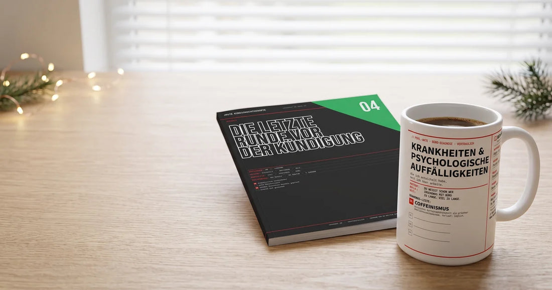 MUTE OFFICE – Malbuch „Die letzte Runde“ und Coffeinismus-Tasse als Weihnachtsgeschenk fürs Büro mit dezenter Lichterkette