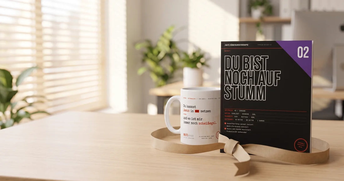 MUTE OFFICE – „Jesus im CC“-Tasse und Malbuch „Du bist noch auf Stumm“ als Wichtelgeschenk fürs Büro auf einem Schreibtisch