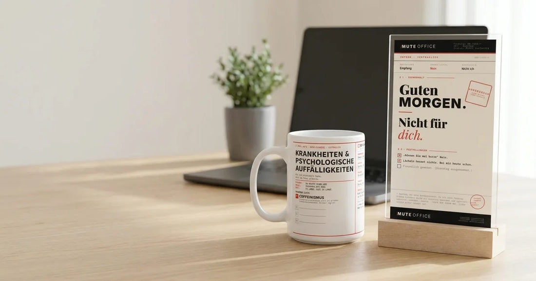 MUTE OFFICE – Einstands-Set: Coffeinismus-Tasse und Acryl-Aufsteller „Guten Morgen · Nicht für dich“ auf einem Schreibtisch am ersten Arbeitstag