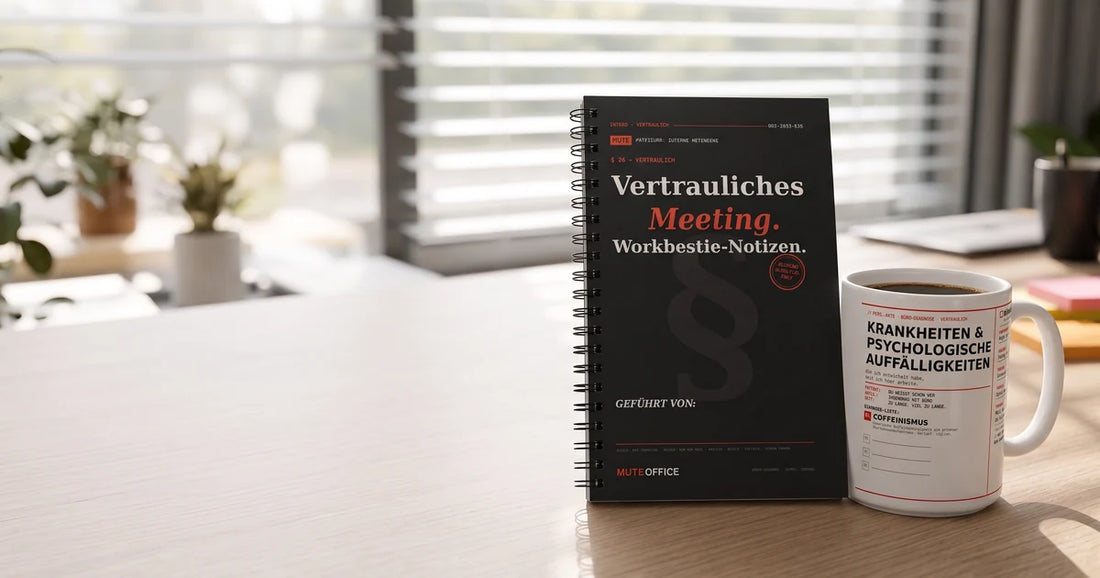 MUTE OFFICE – Workbestie-Notizbuch „Vertrauliches Meeting“ und Coffeinismus-Tasse als Geschenk für die Workbestie