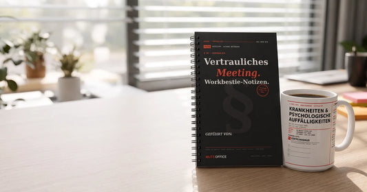 MUTE OFFICE – Workbestie-Notizbuch „Vertrauliches Meeting“ und Coffeinismus-Tasse als Geschenk für die Workbestie