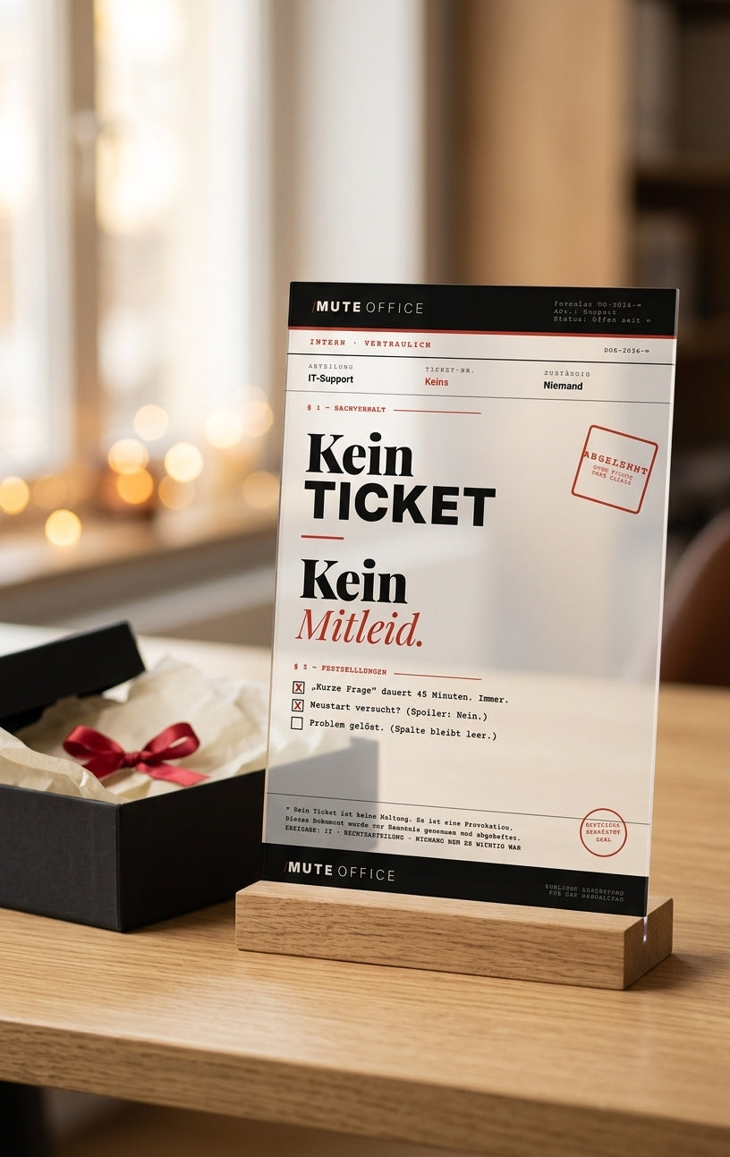 MUTE OFFICE — KEIN TICKET KEIN MITLEID Aufsteller als Geschenk — mit schwarzer Geschenkbox