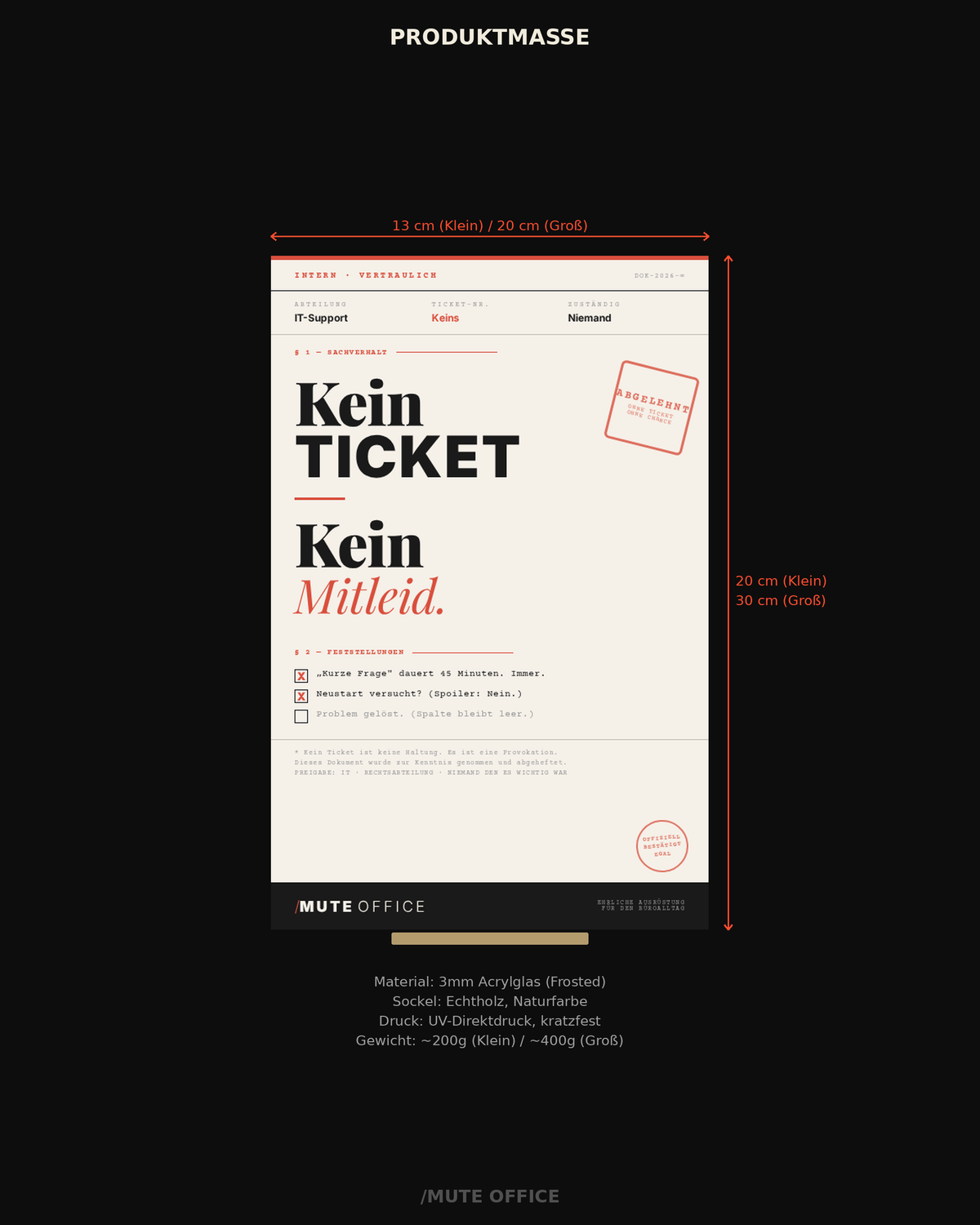 MUTE OFFICE Aufsteller Produktmaße — Abmessungen Klein und Groß mit Materialinfos