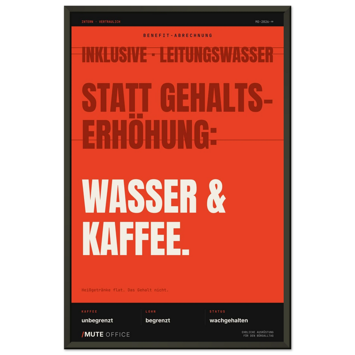 MUTE OFFICE Poster mit Rahmen – Wasser & Kaffee statt Gehaltserhöhung – Ansicht 1