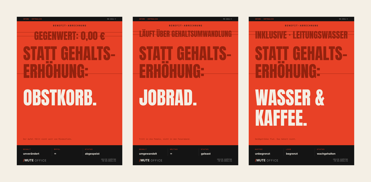 MUTE OFFICE Poster-Set – Meine tollen Work-Benefits – drei Poster Obstkorb Jobrad Wasser & Kaffee nebeneinander