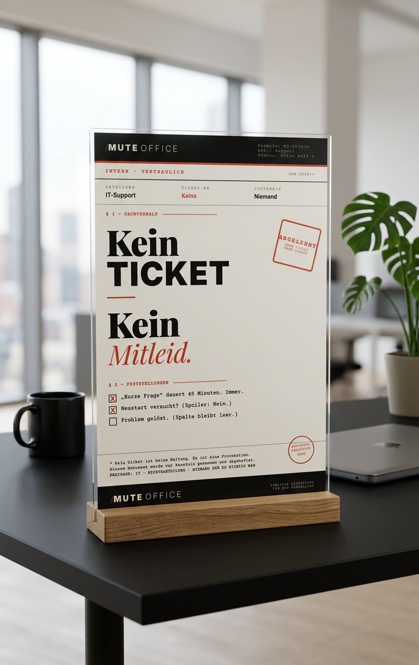 MUTE OFFICE — KEIN TICKET KEIN MITLEID Acryl-Aufsteller auf Schreibtisch — Frosted Acrylglas auf Holzsockel