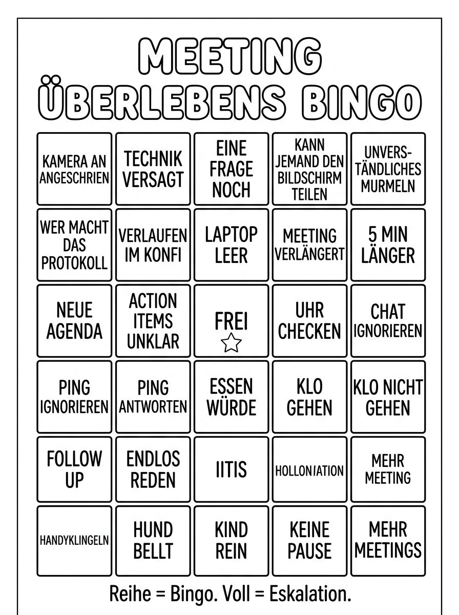 MUTE OFFICE Malbuch — Band 1 — Seite Meeting-Überlebens-Bingo