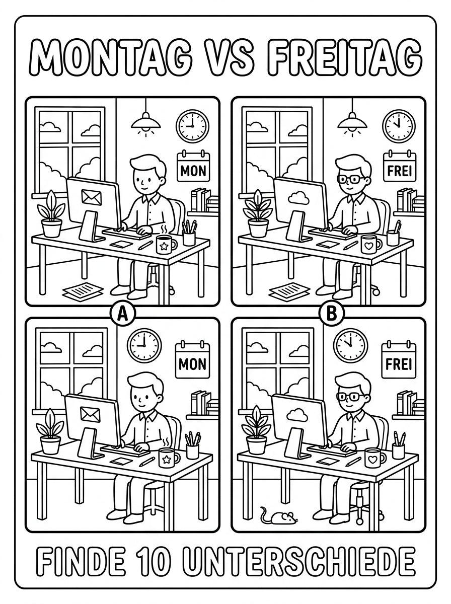 MUTE OFFICE Malbuch — Band 1 — Seite Montag vs Freitag