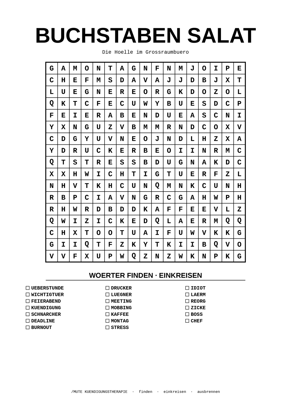 MUTE OFFICE Malbuch — Band 1 — Seite Buchstaben-Salat