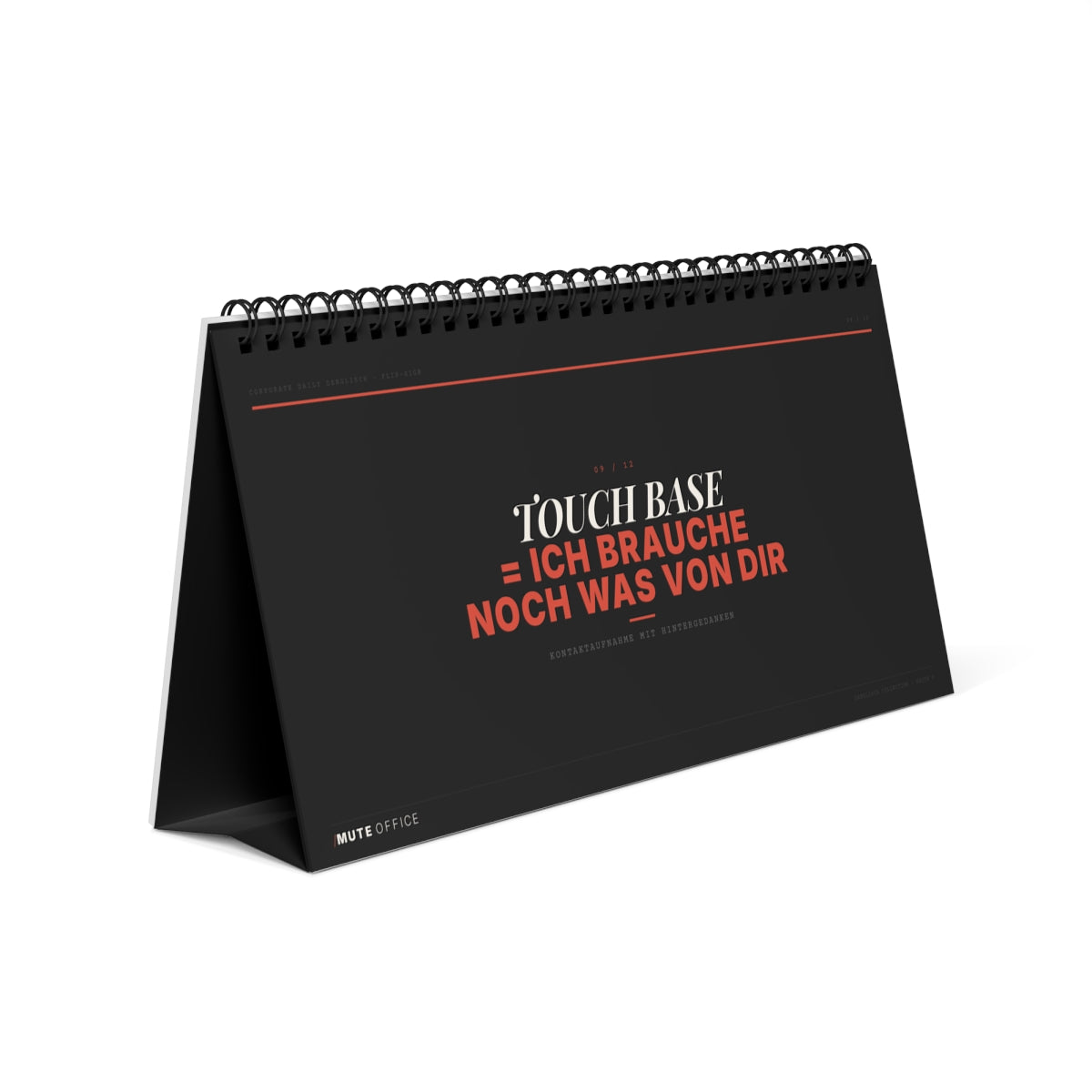 MUTE OFFICE Flip-Sign — Corporate Daily Denglisch — Seitenansicht mit Statement