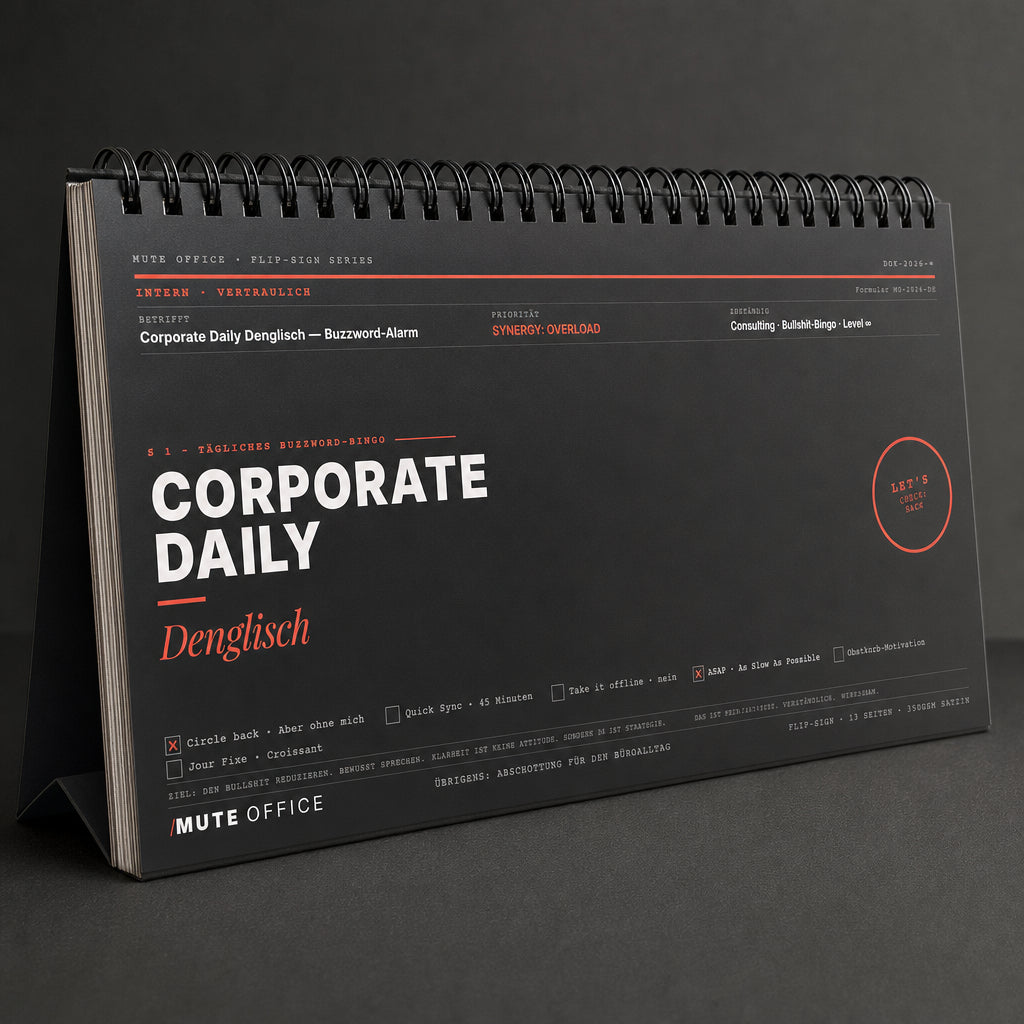 MUTE OFFICE — Detail — Corporate Daily Denglisch · Flip-Sign Tischkalender