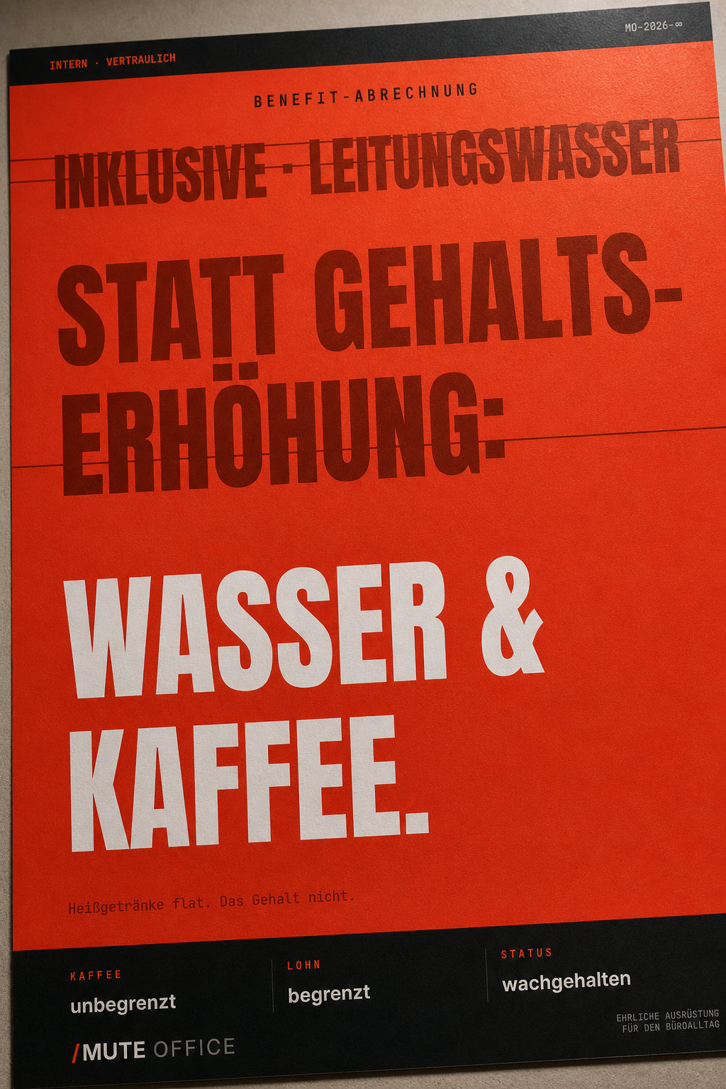 MUTE OFFICE — Detail — Wasser & Kaffee statt Gehaltserhöhung – Büro-Poster ohne Rahmen