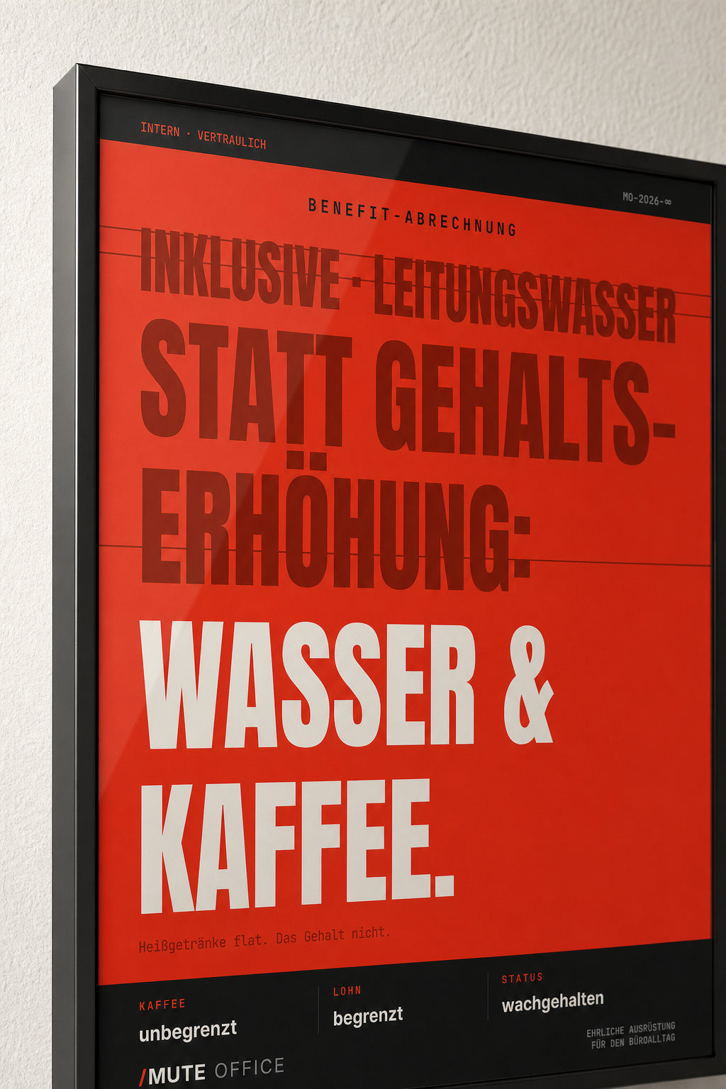 MUTE OFFICE — Detail — Wasser & Kaffee statt Gehaltserhöhung – Büro-Poster mit Rahmen