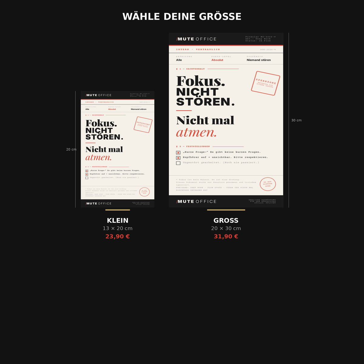 MUTE OFFICE Aufsteller — Fokus Nicht Stören Nicht Mal Atmen — Größenvergleich Klein und Groß