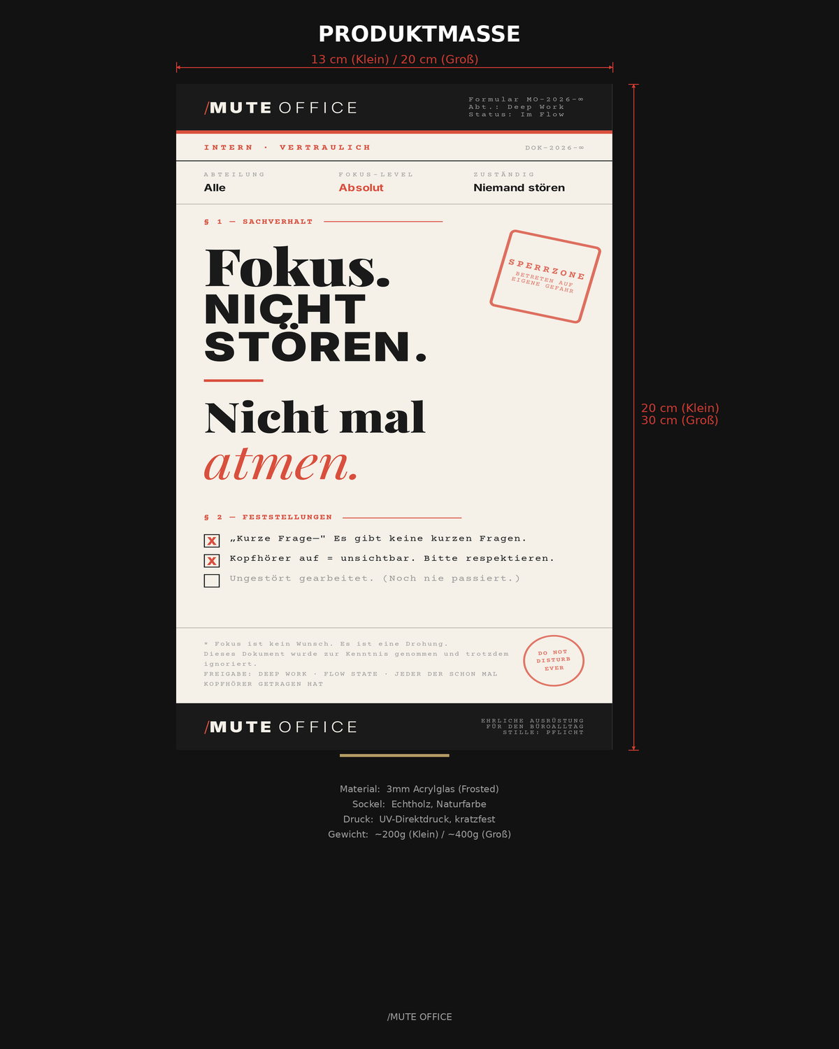 MUTE OFFICE Aufsteller — Fokus Nicht Stören Nicht Mal Atmen — Produktmaße und Material