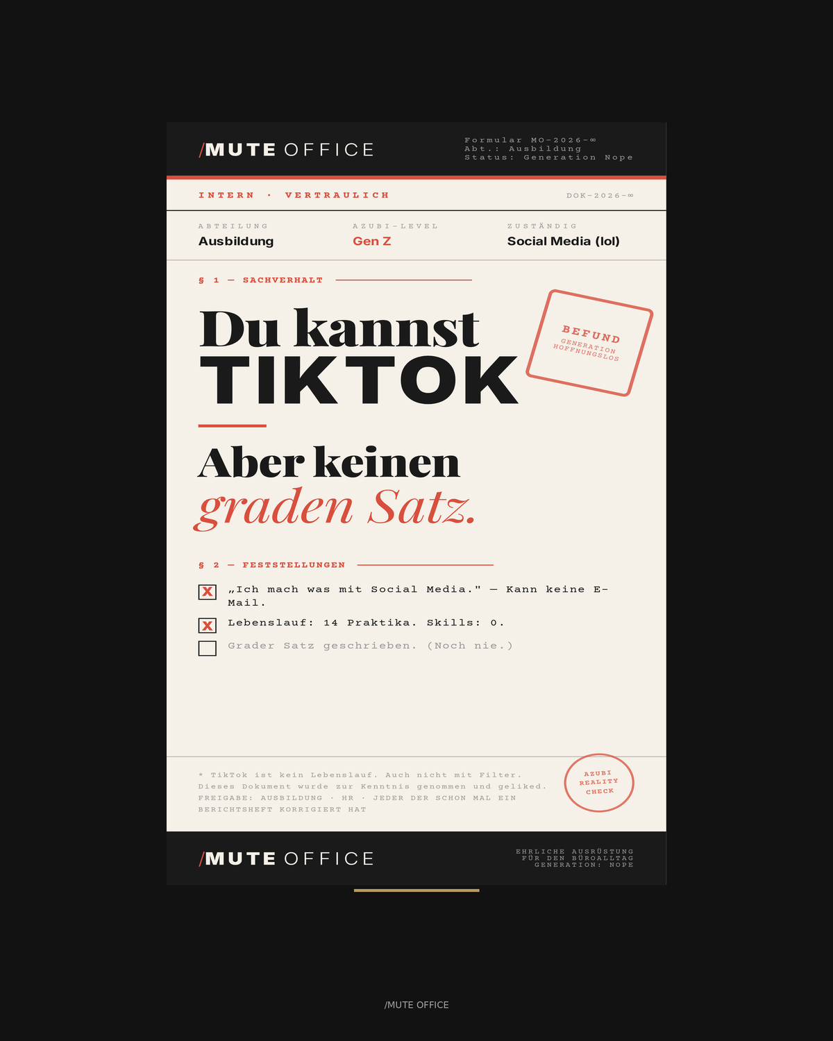 MUTE OFFICE Aufsteller — Gen-Z TikTok Grader Satz — Druckdesign