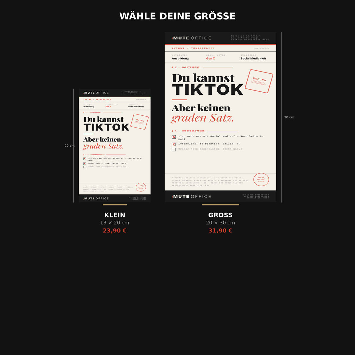 MUTE OFFICE Aufsteller — Gen-Z TikTok Grader Satz — Größenvergleich Klein und Groß