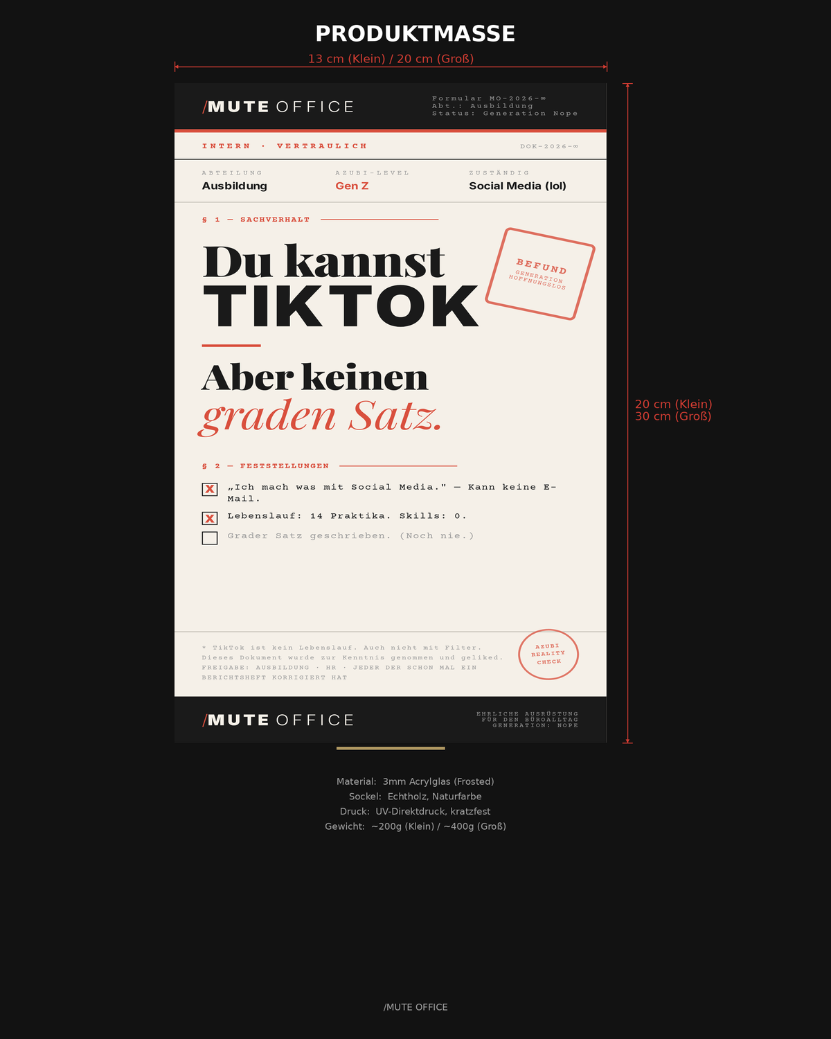 MUTE OFFICE Aufsteller — Gen-Z TikTok Grader Satz — Produktmaße und Material
