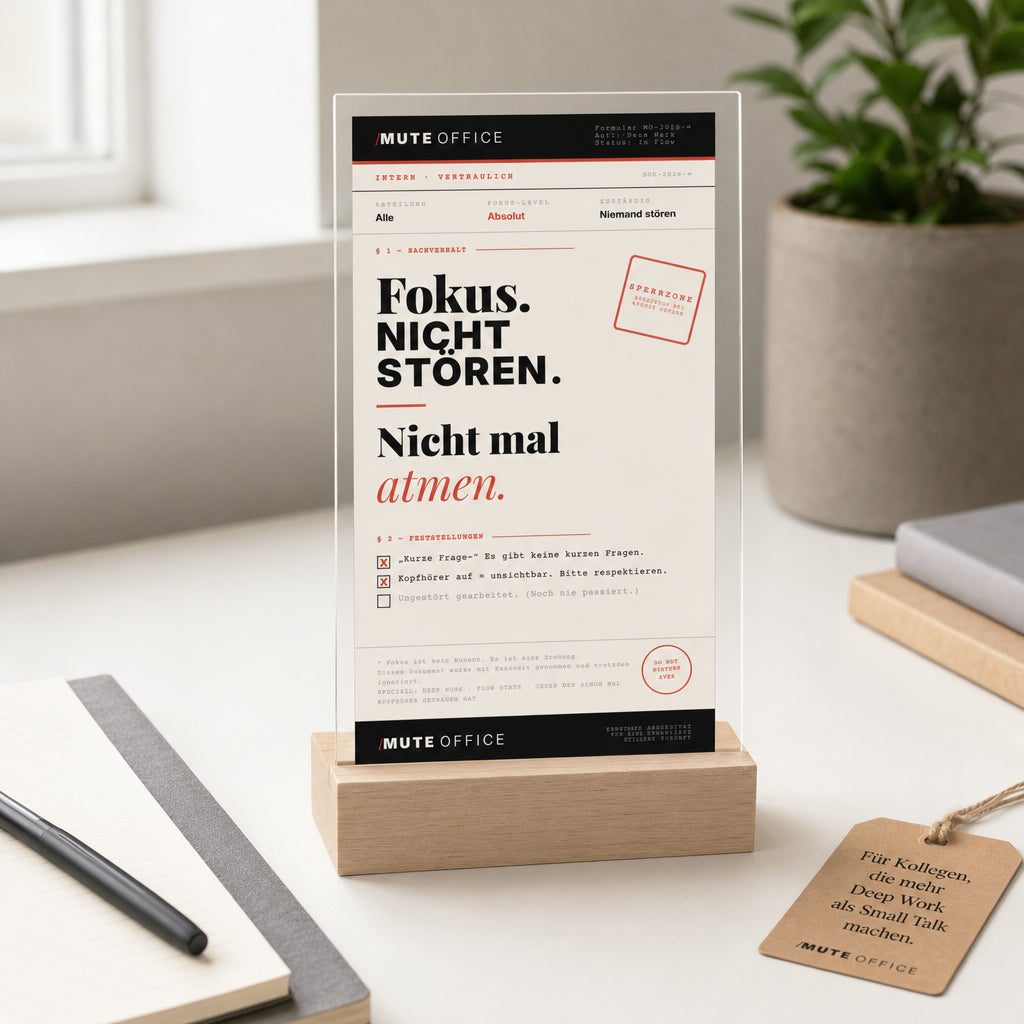 MUTE OFFICE — Geschenk-Szene — FOKUS · NICHT STÖREN · NICHT MAL ATMEN — Acryl-Aufsteller