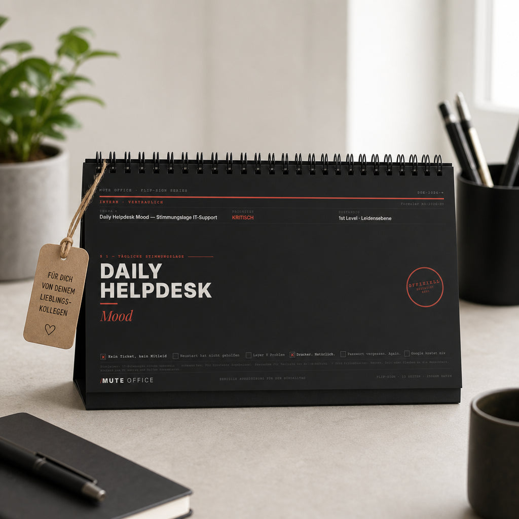 MUTE OFFICE — Geschenk-Szene — Daily Helpdesk Mood – Flip-Sign Tischaufsteller mit 12 IT-Sprüchen