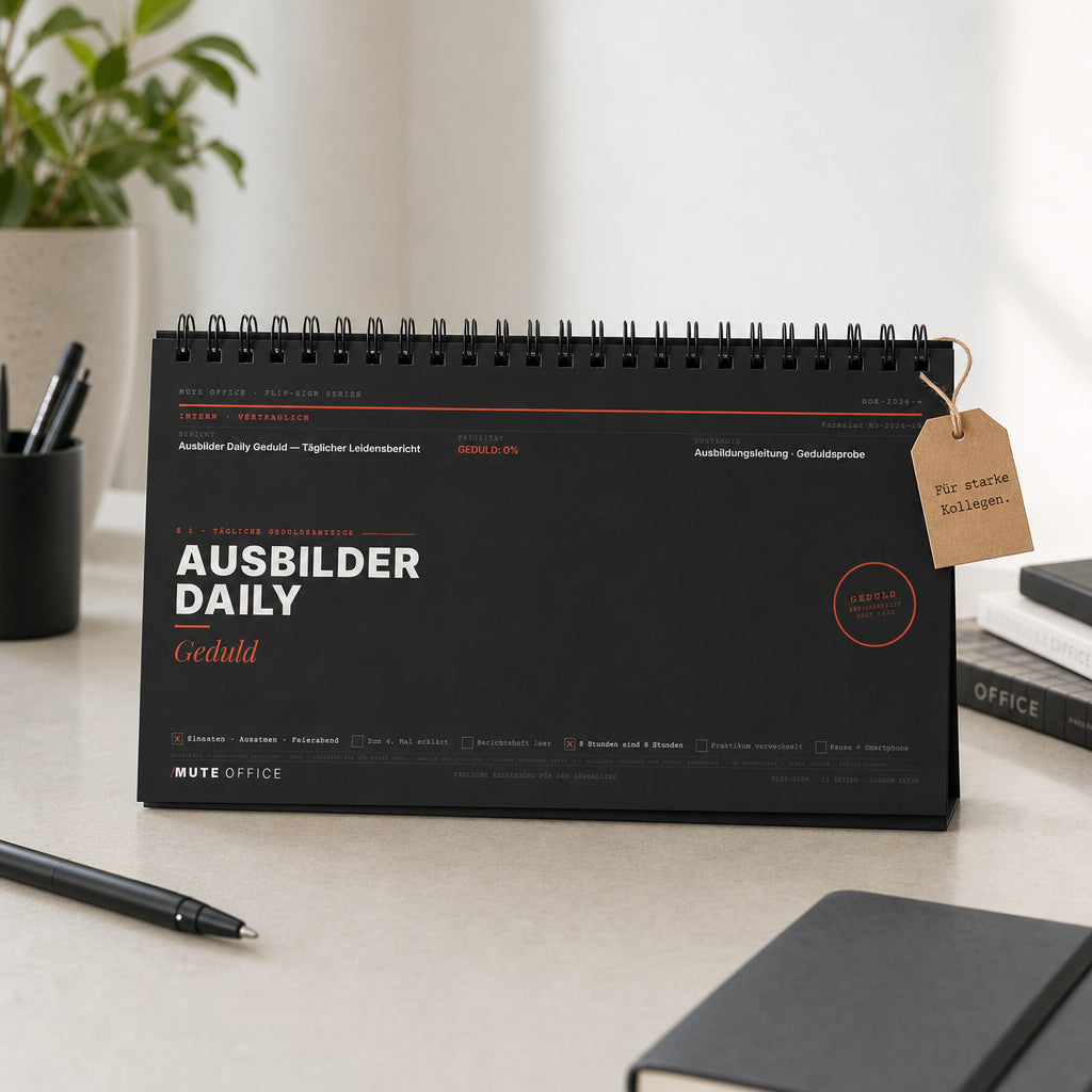 MUTE OFFICE — Geschenk-Szene — Ausbilder Daily Geduld · Flip-Sign Tischkalender