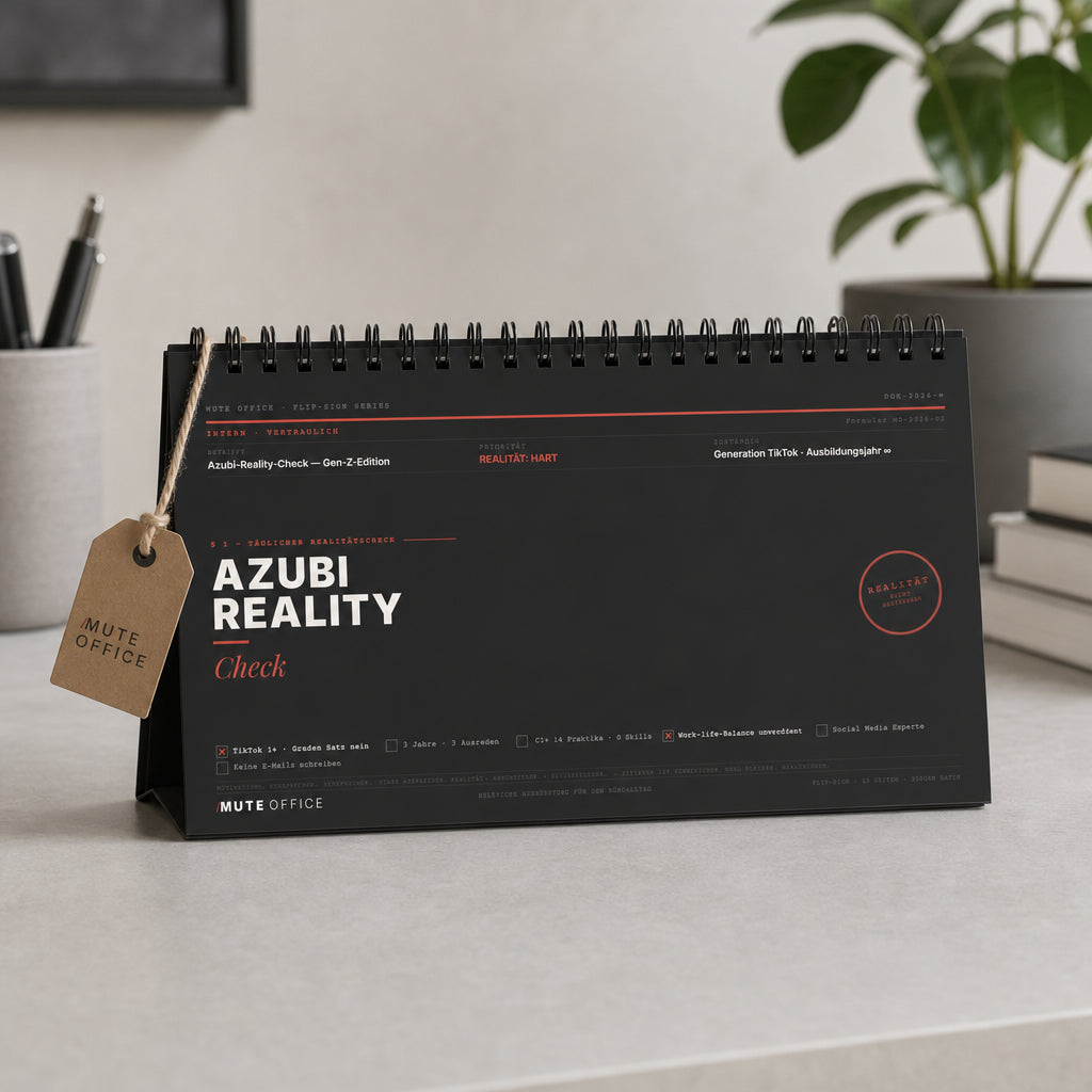 MUTE OFFICE — Geschenk-Szene — Azubi-Reality-Check · Flip-Sign Tischkalender
