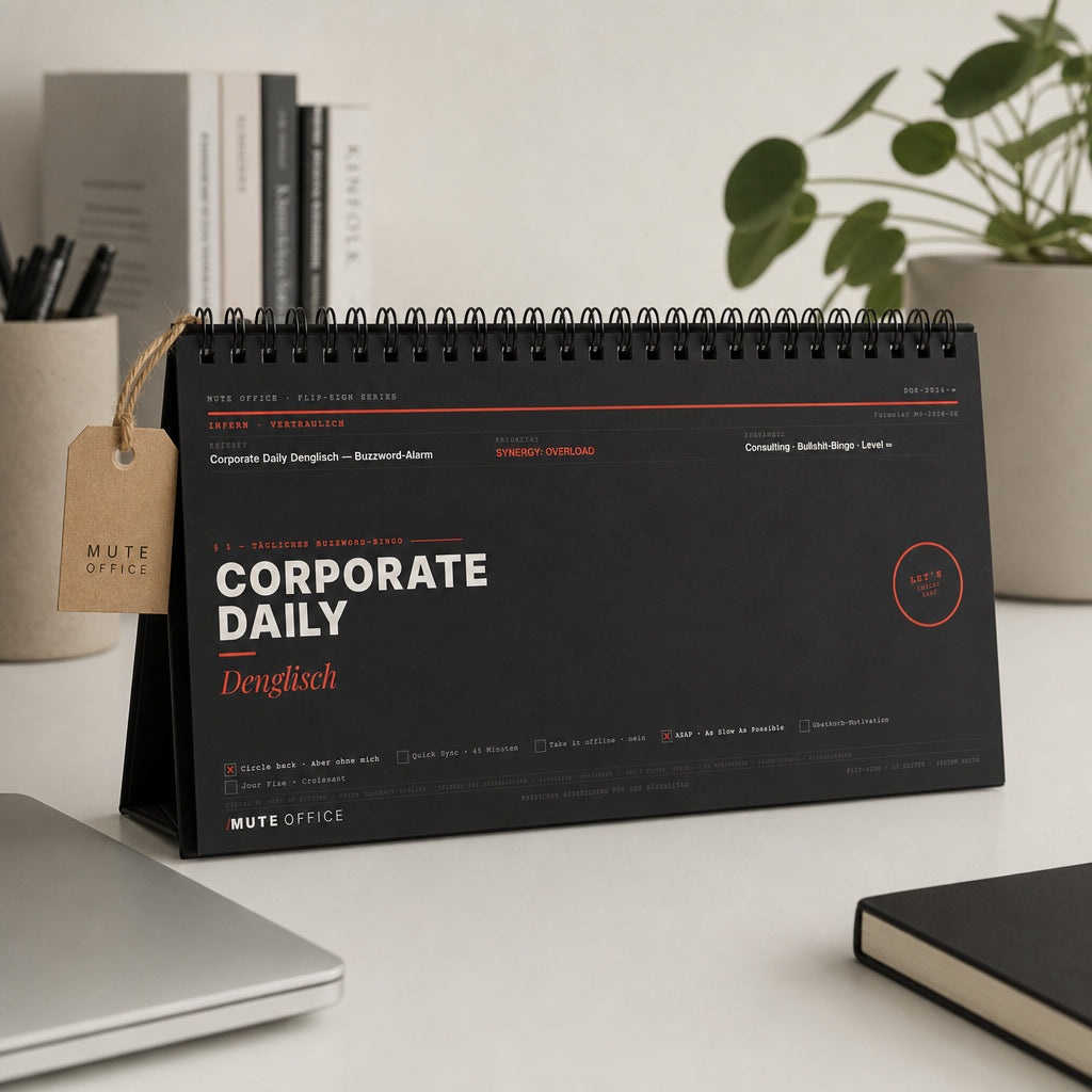 MUTE OFFICE — Geschenk-Szene — Corporate Daily Denglisch · Flip-Sign Tischkalender