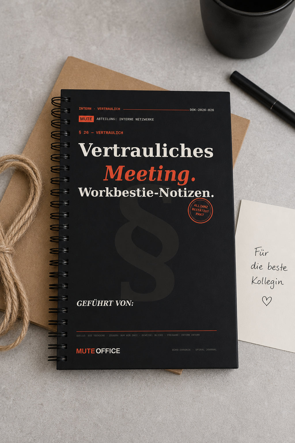 MUTE OFFICE — Geschenk-Szene — Vertrauliches Meeting. Workbestie-Notizen