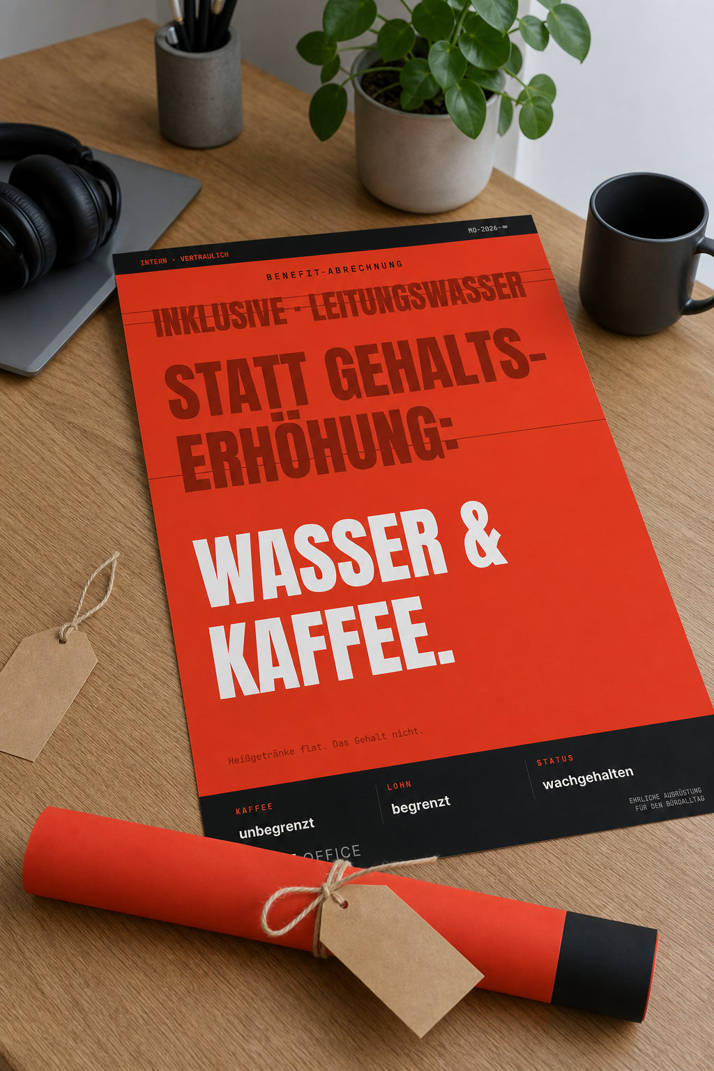 MUTE OFFICE — Geschenk-Szene — Wasser & Kaffee statt Gehaltserhöhung – Büro-Poster ohne Rahmen