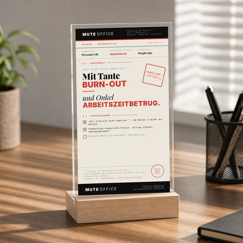 MUTE OFFICE — Hero — TANTE BURN-OUT · ONKEL ARBEITSZEITBETRUG — Acryl-Aufsteller