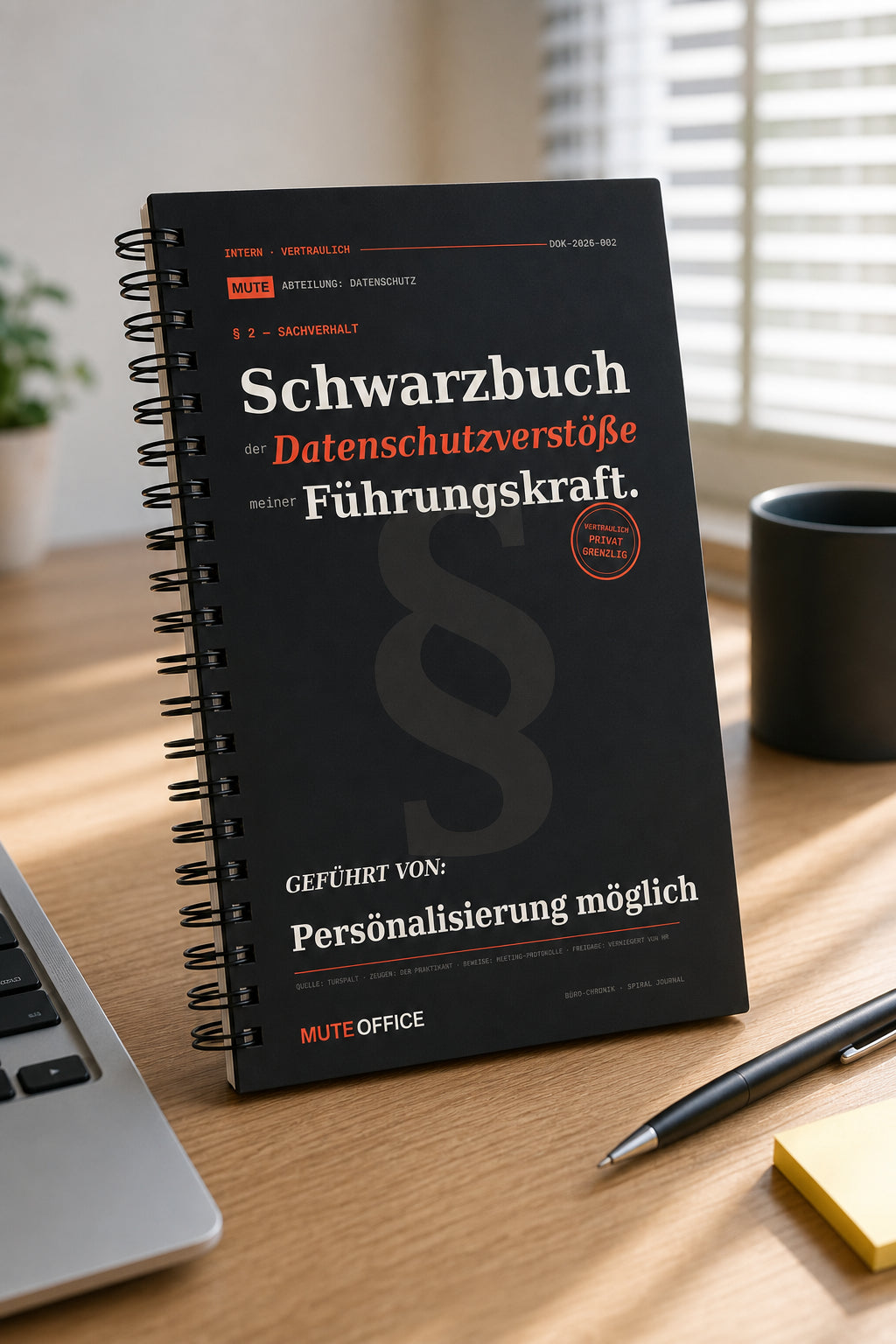 MUTE OFFICE — Hero — Schwarzbuch der Datenschutzverstöße meiner Führungskraft · Personalisiertes Geschenk