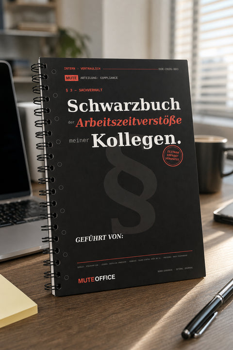 MUTE OFFICE — Hero — Schwarzbuch der Arbeitszeitverstöße meiner Kollegen · Personalisiertes Geschenk