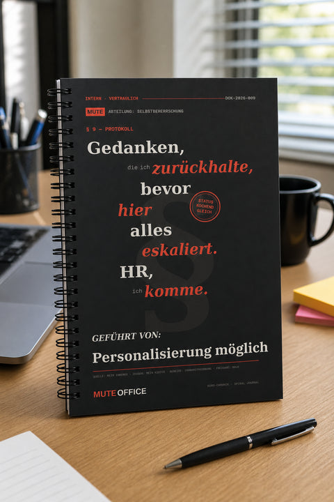 MUTE OFFICE — Hero — Gedanken, die ich zurückhalte, bevor hier alles eskaliert. HR, ich komme · Personalisiertes Geschenk