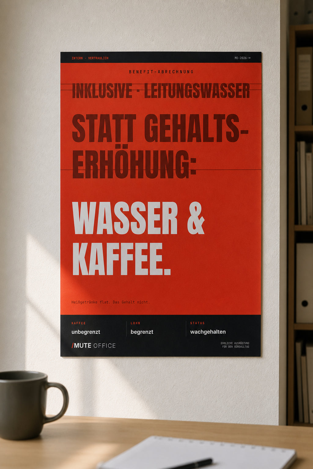 MUTE OFFICE — Hero — Wasser & Kaffee statt Gehaltserhöhung – Büro-Poster ohne Rahmen