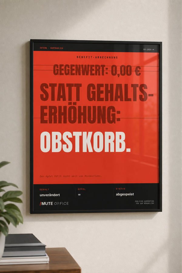 MUTE OFFICE — Hero — Obstkorb statt Gehaltserhöhung – Büro-Poster mit Rahmen