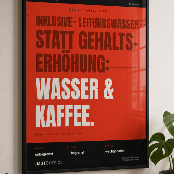 Wasser & Kaffee statt Gehaltserhöhung – Büro-Poster mit Rahmen | MUTE OFFICE